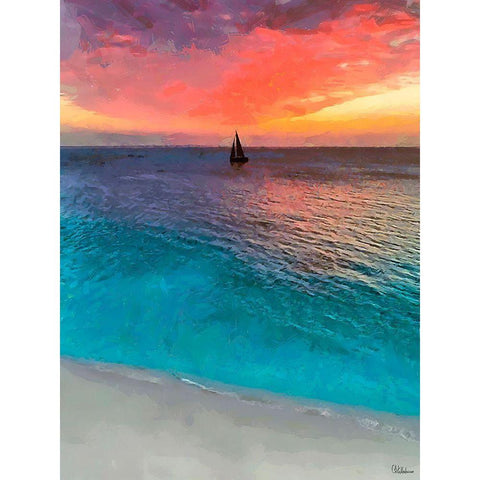 Blue Ocean with Pink Sky Black Modern Wood Framed Art Print with Double Matting by Medeiros, Celito