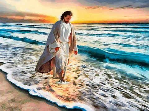 Jesus walking on the Beach White Modern Wood Framed Art Print with Double Matting by Medeiros, Celito