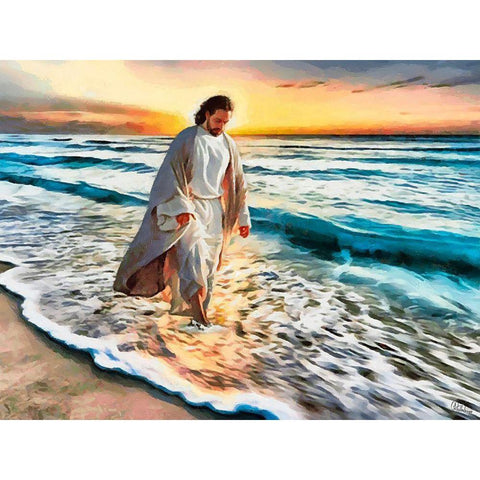 Jesus walking on the Beach Black Modern Wood Framed Art Print with Double Matting by Medeiros, Celito