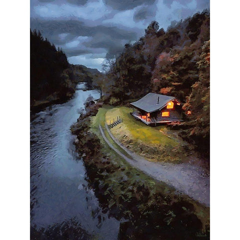 Challet by the River Black Modern Wood Framed Art Print by Medeiros, Celito