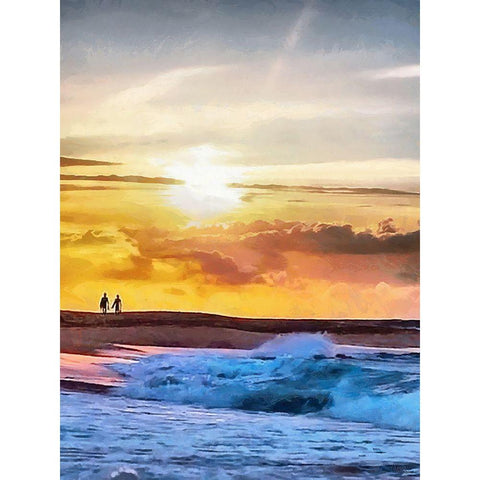 A Walk by Sunset on the Beach Black Modern Wood Framed Art Print with Double Matting by Medeiros, Celito