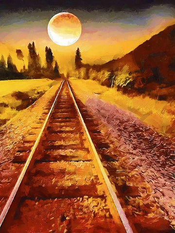 Full Moon over the Railway Black Ornate Wood Framed Art Print with Double Matting by Medeiros, Celito