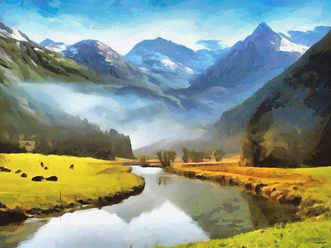 River under the Mountains Black Ornate Wood Framed Art Print with Double Matting by Medeiros, Celito