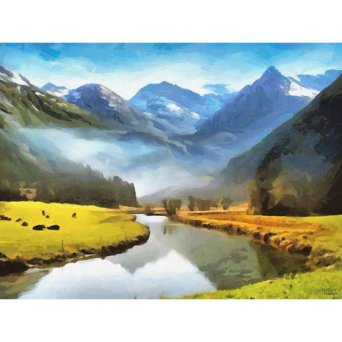 River under the Mountains Gold Ornate Wood Framed Art Print with Double Matting by Medeiros, Celito