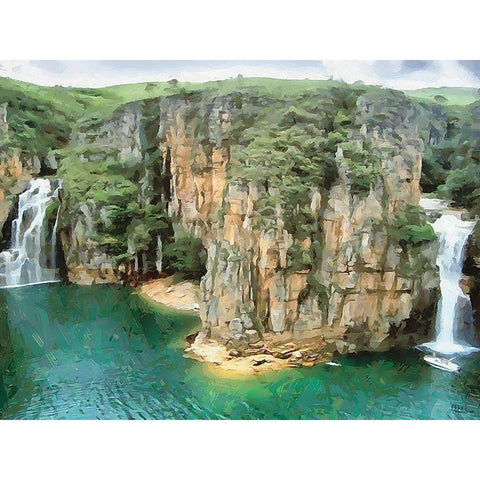 Two Wattefalls near a Rock White Modern Wood Framed Art Print by Medeiros, Celito