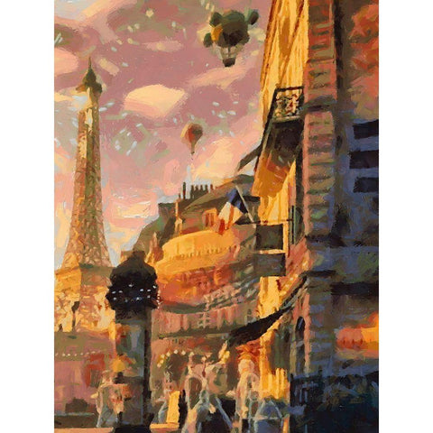Baloon flies near the Eiffel Tower Black Modern Wood Framed Art Print with Double Matting by Medeiros, Celito