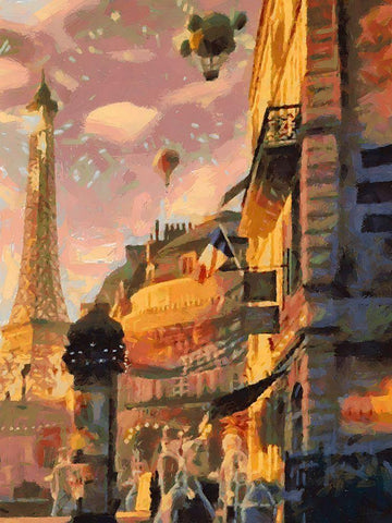 Baloon flies near the Eiffel Tower White Modern Wood Framed Art Print with Double Matting by Medeiros, Celito