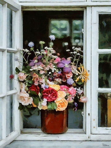 Flower Pot on the Window White Modern Wood Framed Art Print with Double Matting by Medeiros, Celito