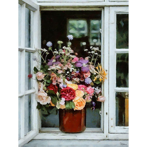 Flower Pot on the Window White Modern Wood Framed Art Print by Medeiros, Celito
