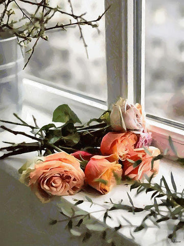 Roses on the Windowsill Black Ornate Wood Framed Art Print with Double Matting by Medeiros, Celito