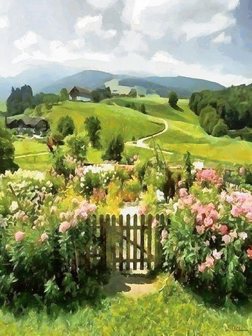 Flowers by the Fence Door Black Ornate Wood Framed Art Print with Double Matting by Medeiros, Celito