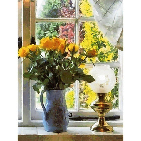 Yellow Roses by the Window Black Modern Wood Framed Art Print with Double Matting by Medeiros, Celito