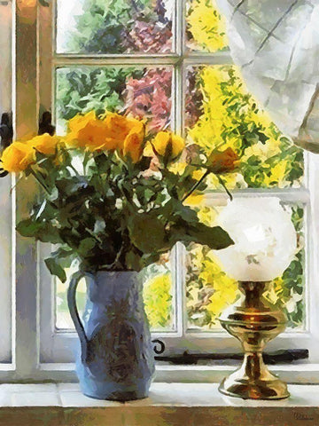 Yellow Roses by the Window Black Ornate Wood Framed Art Print with Double Matting by Medeiros, Celito