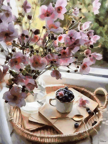 Pink Flowers with Blueberries Black Ornate Wood Framed Art Print with Double Matting by Medeiros, Celito