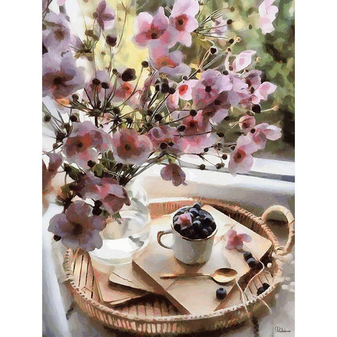 Pink Flowers with Blueberries White Modern Wood Framed Art Print by Medeiros, Celito