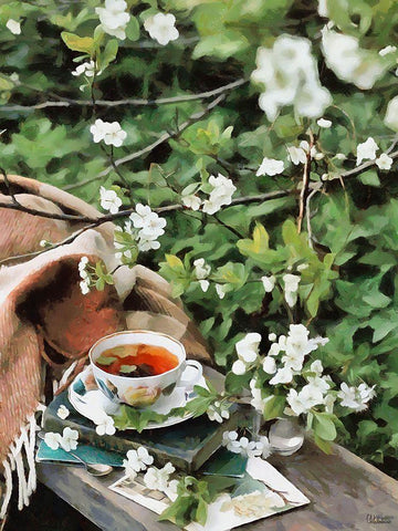 Tea in the Garden Black Ornate Wood Framed Art Print with Double Matting by Medeiros, Celito