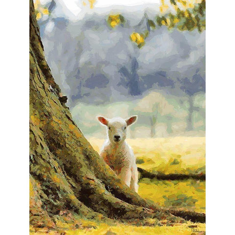 Sheep behind the Tree Black Modern Wood Framed Art Print by Medeiros, Celito