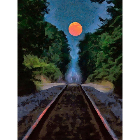 Full Moon over the Railroad  Black Modern Wood Framed Art Print with Double Matting by Medeiros, Celito