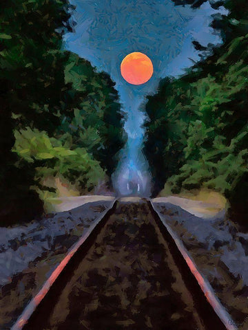 Full Moon over the Railroad  White Modern Wood Framed Art Print with Double Matting by Medeiros, Celito