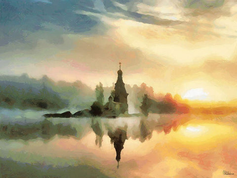 A Lake Chaple White Modern Wood Framed Art Print with Double Matting by Medeiros, Celito