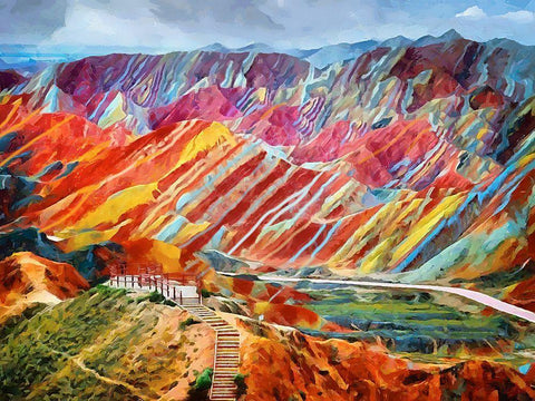Colorful Mountains White Modern Wood Framed Art Print with Double Matting by Medeiros, Celito
