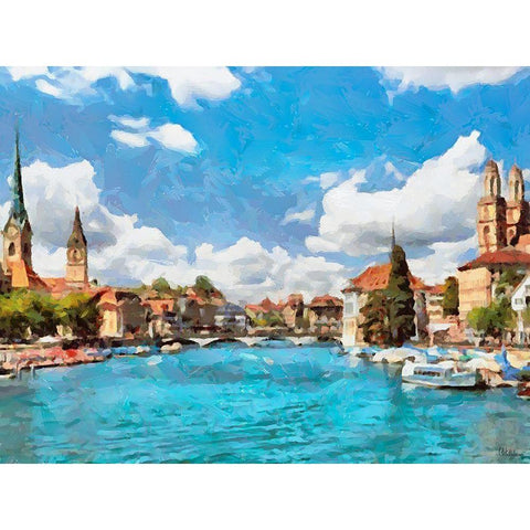 Blue Rhein River Gold Ornate Wood Framed Art Print with Double Matting by Medeiros, Celito