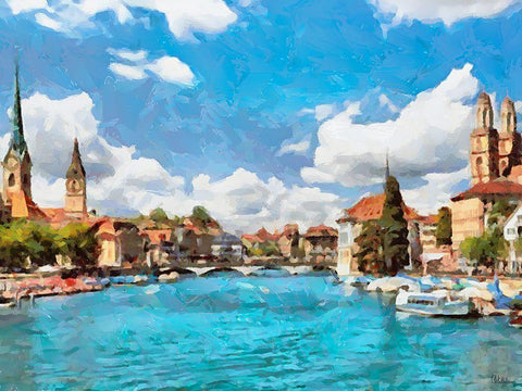 Blue Rhein River White Modern Wood Framed Art Print with Double Matting by Medeiros, Celito