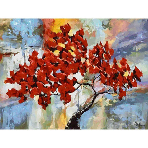 A Tree with red Leaves Black Modern Wood Framed Art Print with Double Matting by Medeiros, Celito
