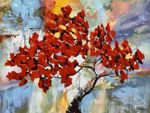 A Tree with red Leaves Black Ornate Wood Framed Art Print with Double Matting by Medeiros, Celito