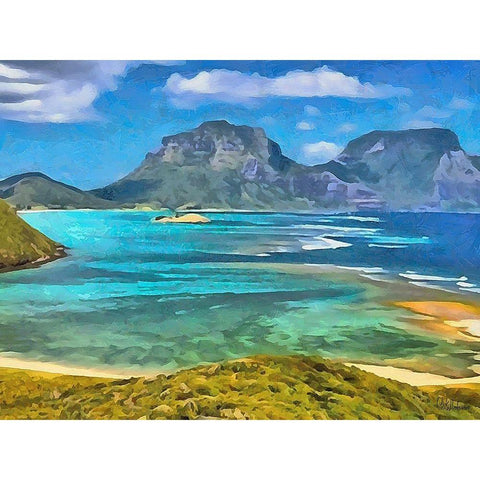 Blue Bay with Mountains White Modern Wood Framed Art Print by Medeiros, Celito