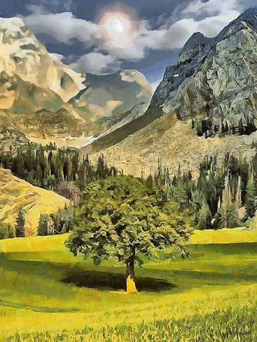 Fresh Green Tree with Mountains behind Black Ornate Wood Framed Art Print with Double Matting by Medeiros, Celito