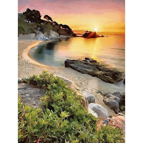 Romantic sunset over the Sandbeach Black Modern Wood Framed Art Print by Medeiros, Celito