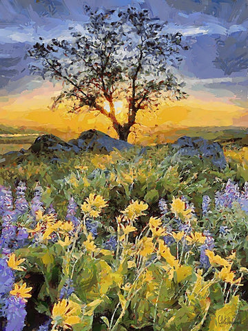 Yellow and Purple Flowers II Black Ornate Wood Framed Art Print with Double Matting by Medeiros, Celito