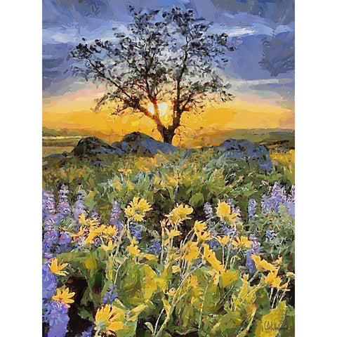 Yellow and Purple Flowers II Gold Ornate Wood Framed Art Print with Double Matting by Medeiros, Celito
