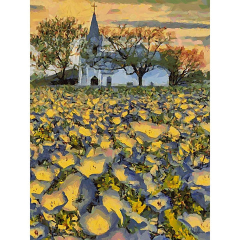 White Church behind a Filed with Flowers Black Modern Wood Framed Art Print with Double Matting by Medeiros, Celito