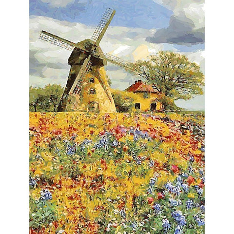 Windmill behind a Filed with Flowers Black Modern Wood Framed Art Print with Double Matting by Medeiros, Celito