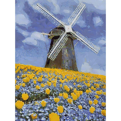 Windmill behind a Filed with Flowers Black Modern Wood Framed Art Print by Medeiros, Celito