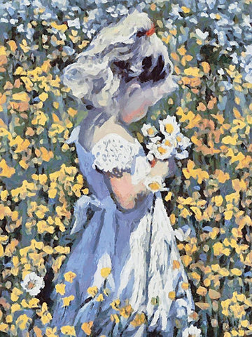Small Girl with Flowers II White Modern Wood Framed Art Print with Double Matting by Medeiros, Celito