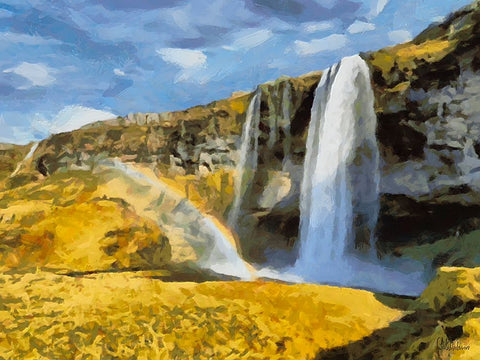 Watterfall Seljandfoss on  Iceland Black Ornate Wood Framed Art Print with Double Matting by Medeiros, Celito