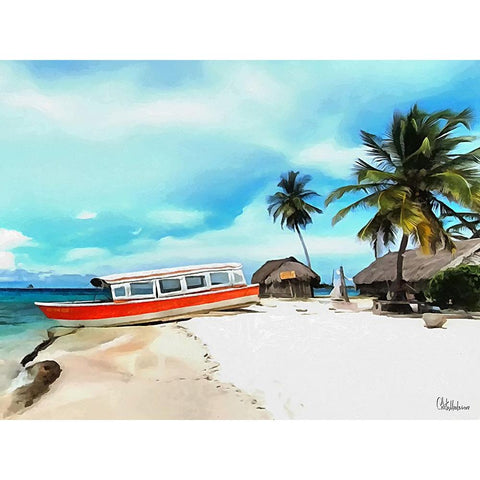 Red Boat on the Beach Gold Ornate Wood Framed Art Print with Double Matting by Medeiros, Celito