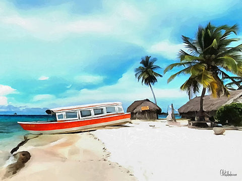 Red Boat on the Beach White Modern Wood Framed Art Print with Double Matting by Medeiros, Celito