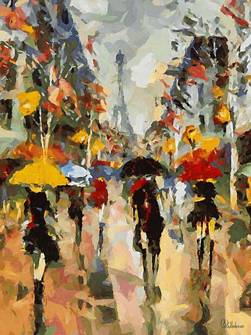 Girls in Paris with different Umbrellas Black Ornate Wood Framed Art Print with Double Matting by Medeiros, Celito