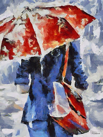 Girl With Red Umbrella and Red  Handbag Black Modern Wood Framed Art Print by Medeiros, Celito