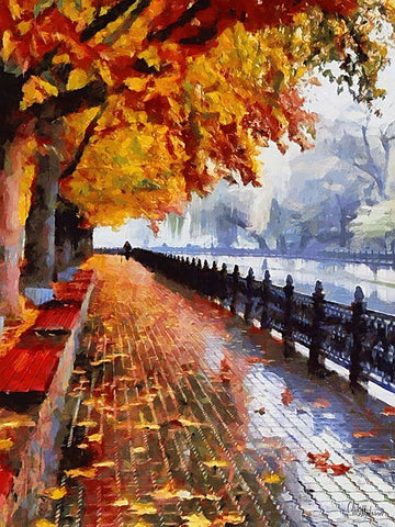 Embankment in Autumn Black Ornate Wood Framed Art Print with Double Matting by Medeiros, Celito