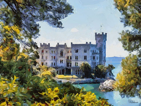 Castel Sirmione in Italy Black Ornate Wood Framed Art Print with Double Matting by Medeiros, Celito