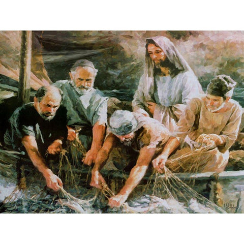 Jesus with Fishers White Modern Wood Framed Art Print by Medeiros, Celito