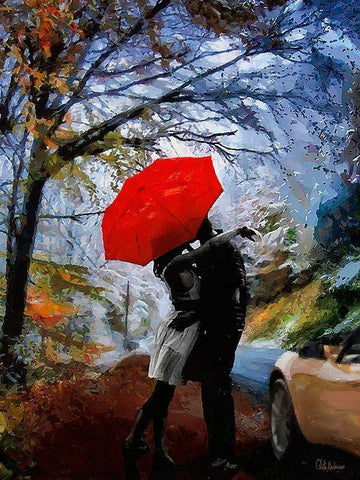 A Kiss under Red Umbrella Black Ornate Wood Framed Art Print with Double Matting by Medeiros, Celito