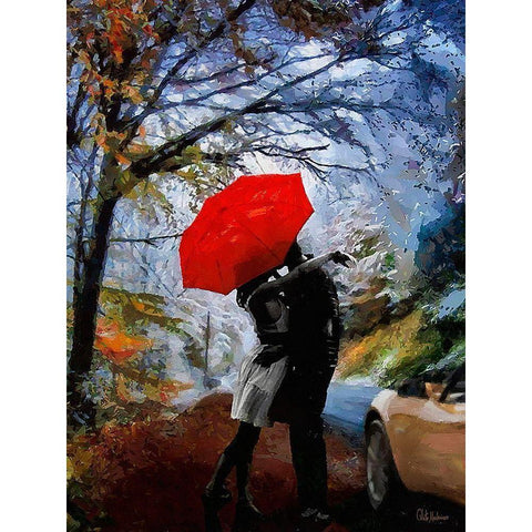 A Kiss under Red Umbrella Black Modern Wood Framed Art Print with Double Matting by Medeiros, Celito