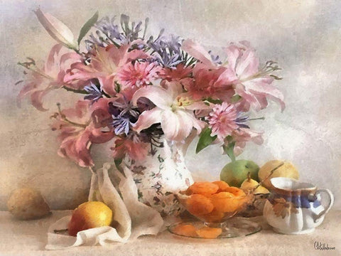 Stilllife with Flowers and Fruits White Modern Wood Framed Art Print with Double Matting by Medeiros, Celito