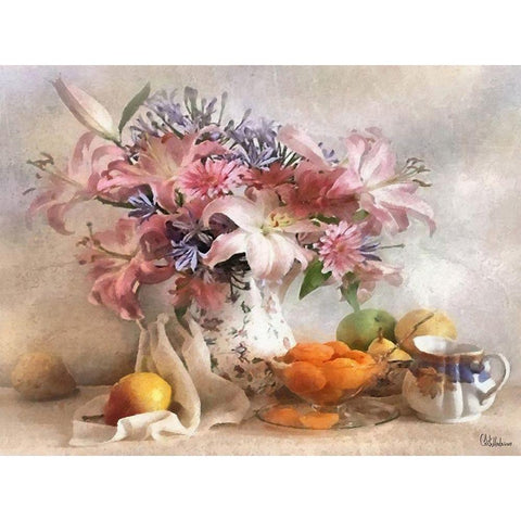 Stilllife with Flowers and Fruits Black Modern Wood Framed Art Print by Medeiros, Celito